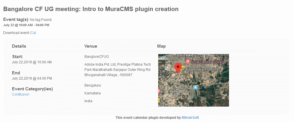 MuraCMS event detail page with Google map